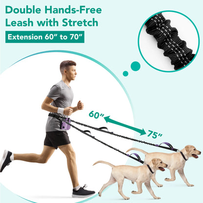 Petami Premium Hands Free Dog Leash for 2 Dogs, Adjustable Waist Belt Leash for Dog Walking, Fanny Pack Dual Bungee Leash for Running, Hiking, Jogging, Biking