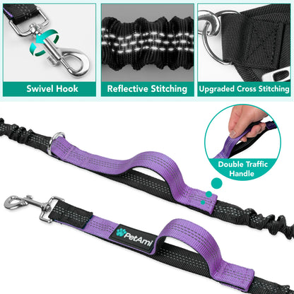Petami Premium Hands Free Dog Leash for 2 Dogs, Adjustable Waist Belt Leash for Dog Walking, Fanny Pack Dual Bungee Leash for Running, Hiking, Jogging, Biking