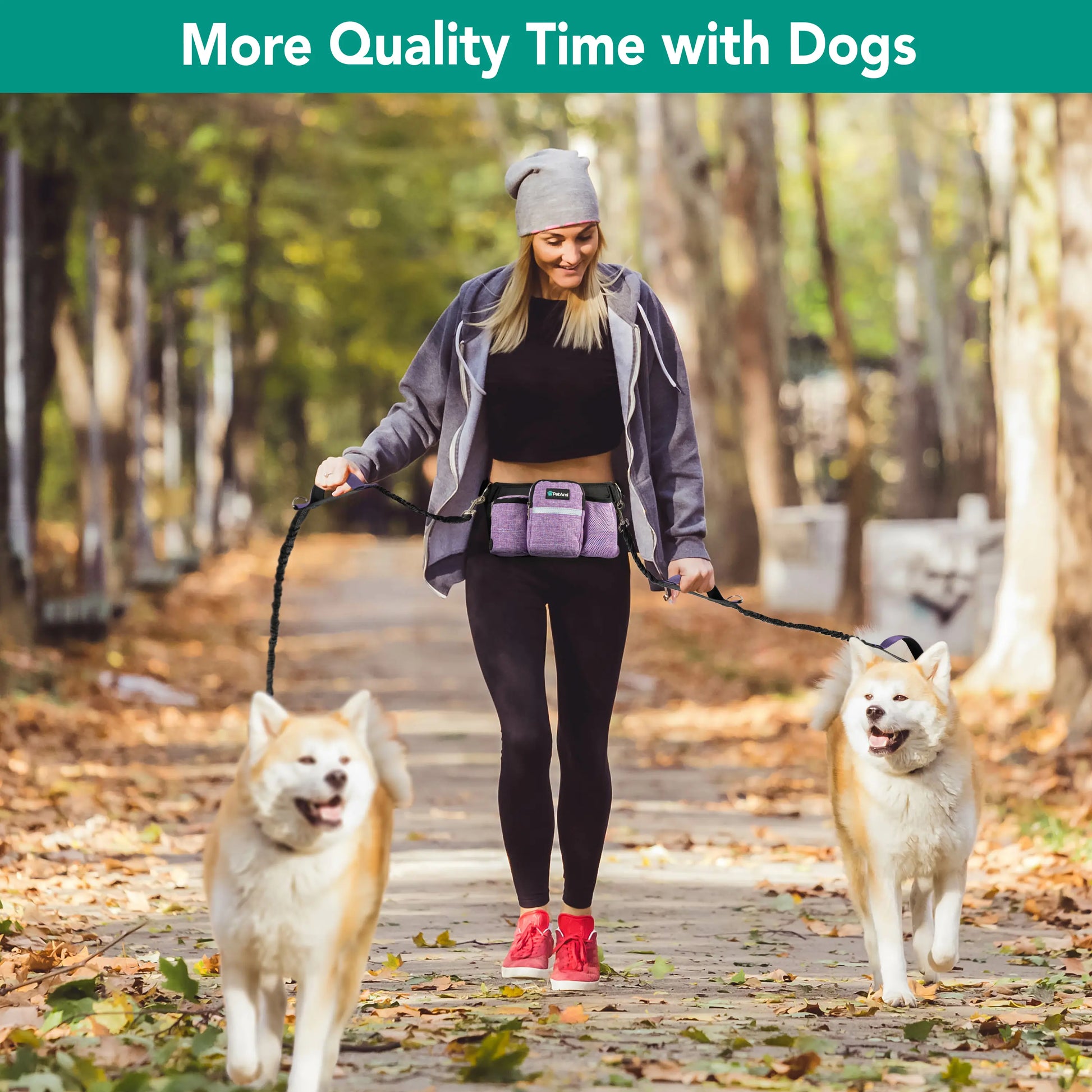 Petami Premium Hands Free Dog Leash for 2 Dogs, Adjustable Waist Belt Leash for Dog Walking, Fanny Pack Dual Bungee Leash for Running, Hiking, Jogging, Biking