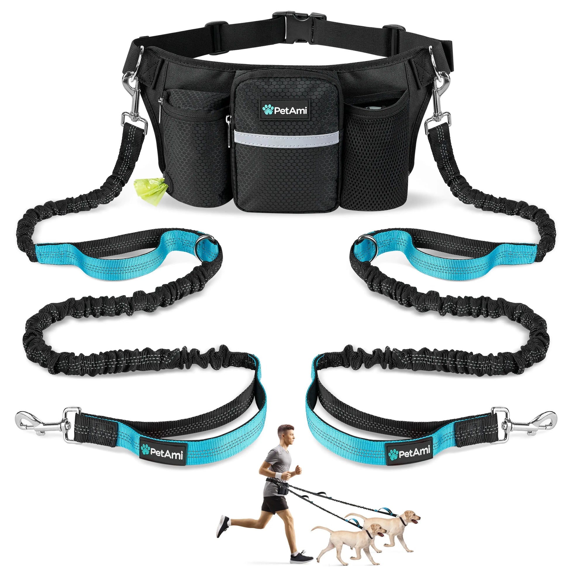 Petami Premium Hands Free Dog Leash for 2 Dogs, Adjustable Waist Belt Leash for Dog Walking, Fanny Pack Dual Bungee Leash for Running, Hiking, Jogging, Biking