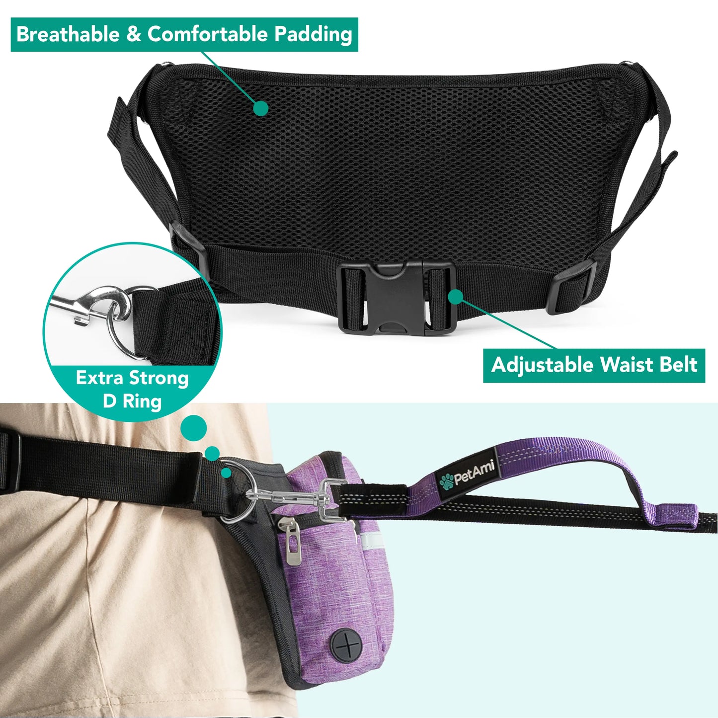 Petami Premium Hands Free Dog Leash for 2 Dogs, Adjustable Waist Belt Leash for Dog Walking, Fanny Pack Dual Bungee Leash for Running, Hiking, Jogging, Biking