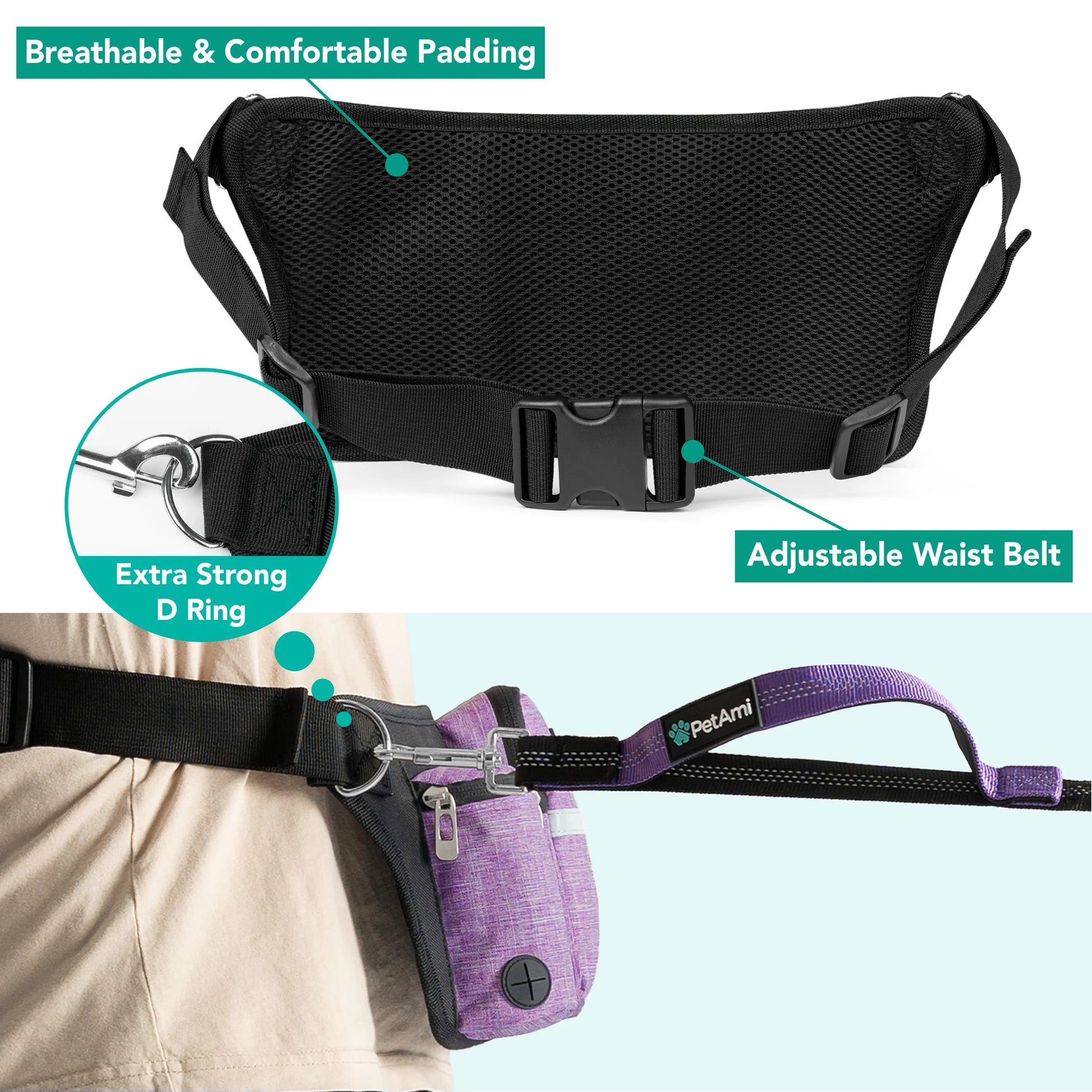 Petami Premium Hands Free Dog Leash for 2 Dogs, Adjustable Waist Belt Leash for Dog Walking, Fanny Pack Dual Bungee Leash for Running, Hiking, Jogging, Biking