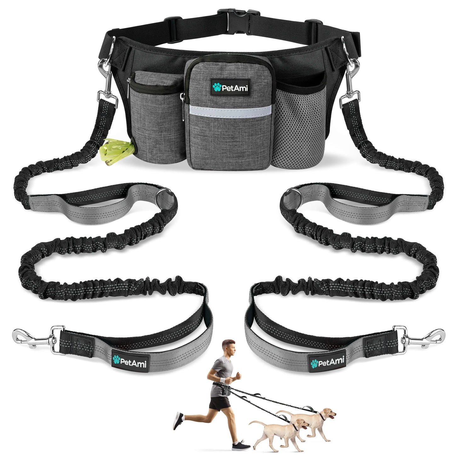Petami Premium Hands Free Dog Leash for 2 Dogs, Adjustable Waist Belt Leash for Dog Walking, Fanny Pack Dual Bungee Leash for Running, Hiking, Jogging, Biking