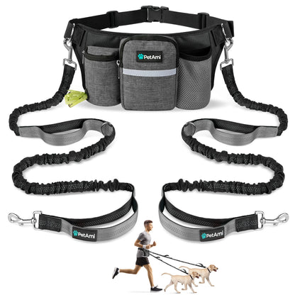 Petami Premium Hands Free Dog Leash for 2 Dogs, Adjustable Waist Belt Leash for Dog Walking, Fanny Pack Dual Bungee Leash for Running, Hiking, Jogging, Biking