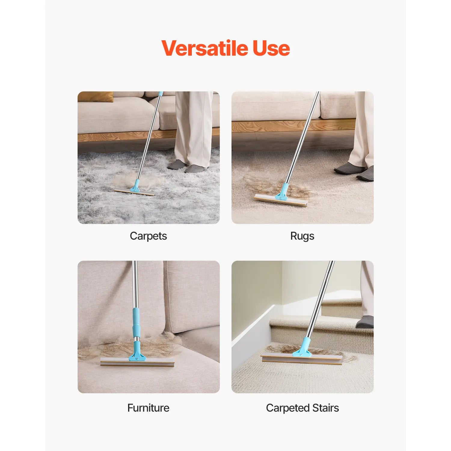 VEVOR Pet Hair Carpet Rake, Summervibes, 35.83-55.51 in Adjustable Long Handle Pet Hair Removal Broom, Reusable Advanced Lint Remover Scraper Dog Cat Fur Cleaning, for Carpet Rugs Mats Couch Furniture Cat Tree