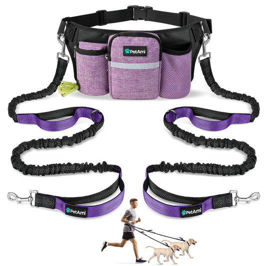 Petami Premium Hands Free Dog Leash for 2 Dogs, Adjustable Waist Belt Leash for Dog Walking, Fanny Pack Dual Bungee Leash for Running, Hiking, Jogging, Biking