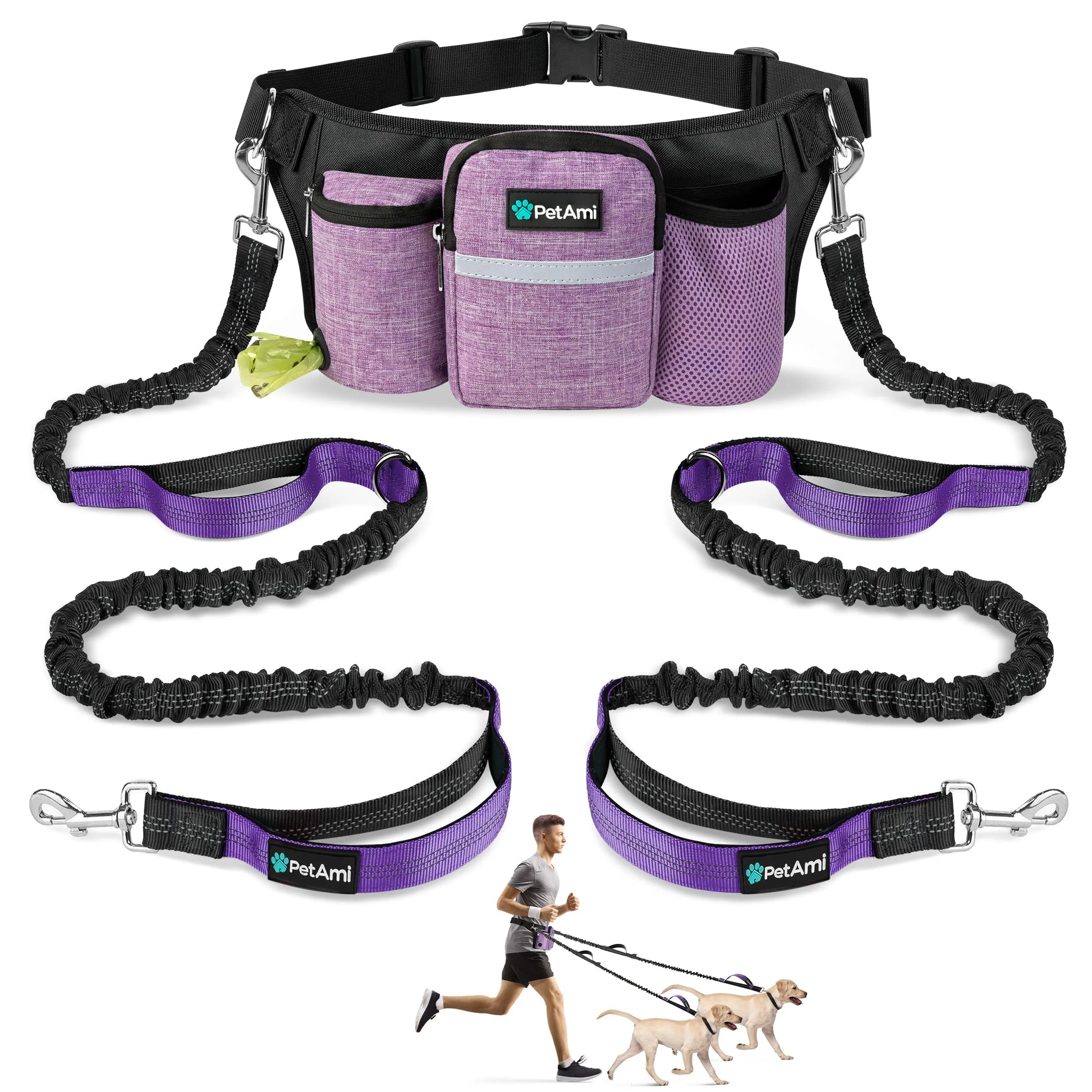 Petami Premium Hands Free Dog Leash for 2 Dogs, Adjustable Waist Belt Leash for Dog Walking, Fanny Pack Dual Bungee Leash for Running, Hiking, Jogging, Biking